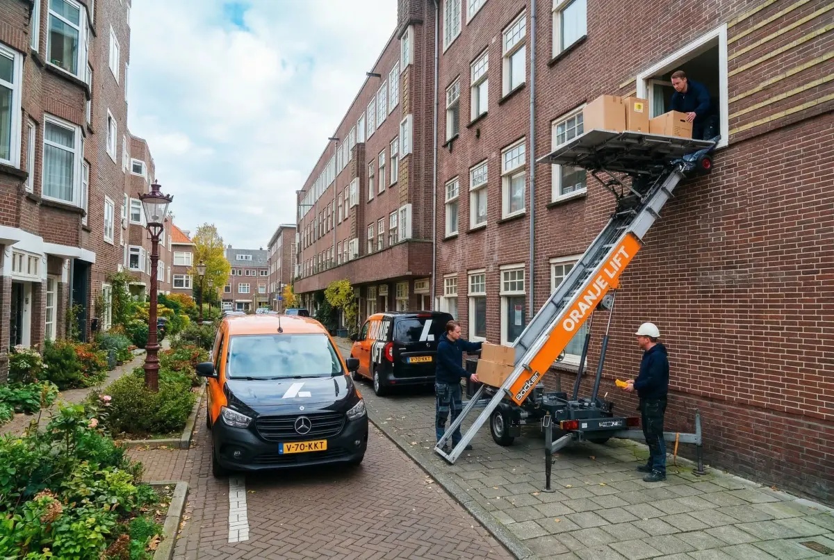 Aanhangerlift geplaatst in een smalle straat in Zoetermeer